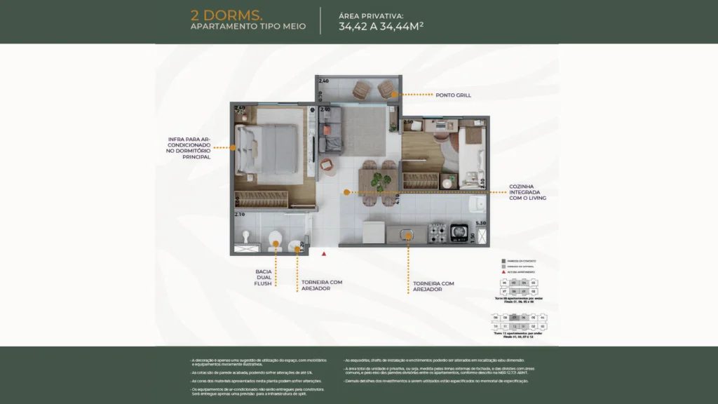 2 Dormitórios MEIO - 34m²